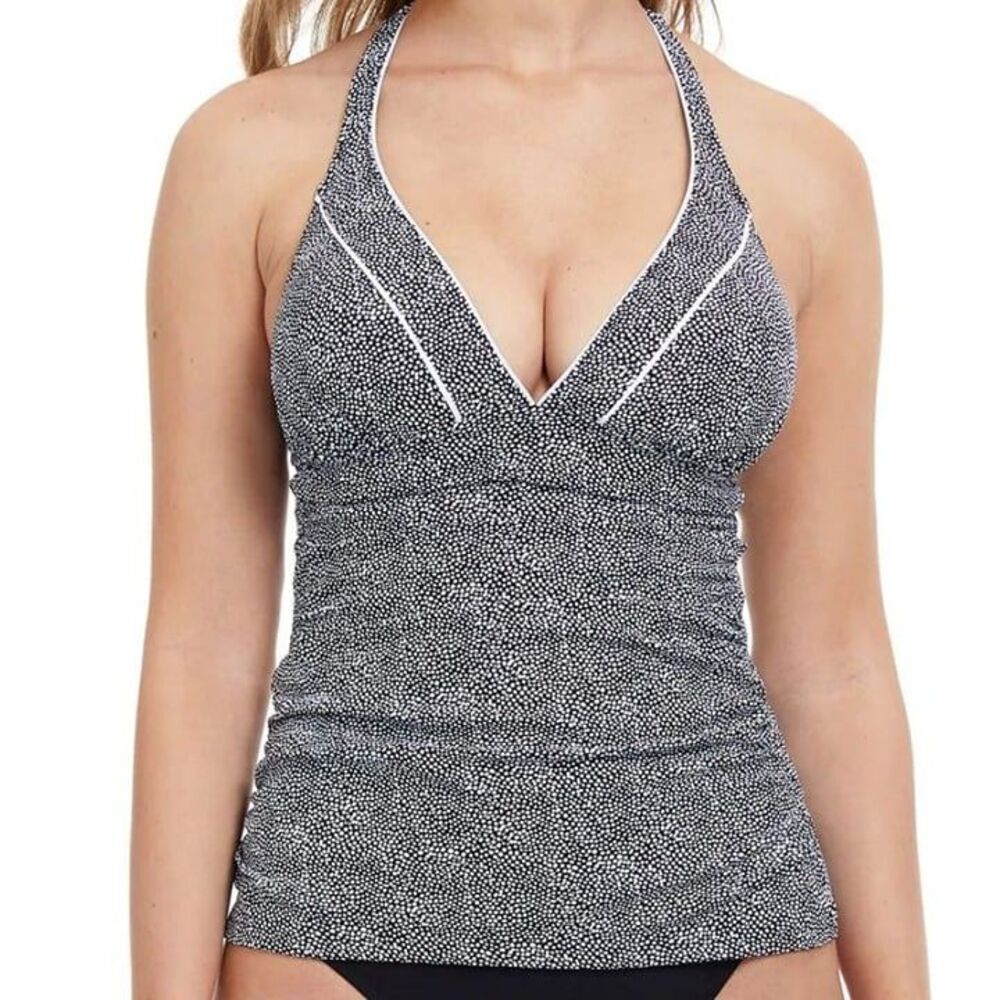 Profile By Gottex NWT Sz 14 Black White Colette V-Neck Halter Tankini Swim Top